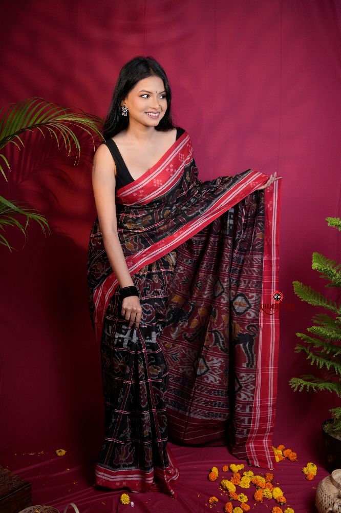 khanduapata Black & Red Colour Navakothi Design Cotton Saree For Women | Grocsy