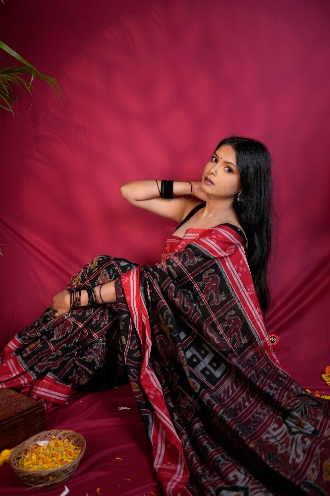 khanduapata Black & Red Colour Navakothi Design Cotton Saree For Women | Grocsy
