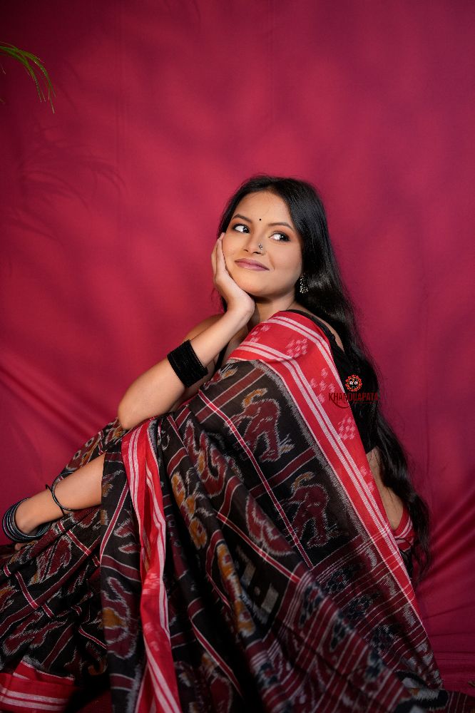 khanduapata Black & Red Colour Navakothi Design Cotton Saree For Women | Grocsy
