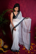 khanduapata White and Black Colour Plain Cotton Saree For Women | Grocsy