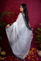 khanduapata White and Black Colour Plain Cotton Saree For Women | Grocsy