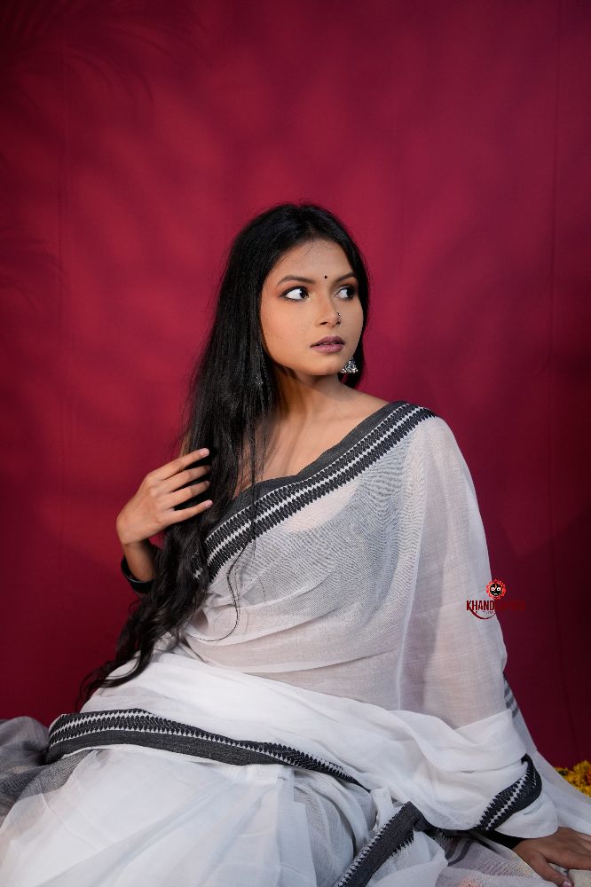 khanduapata White and Black Colour Plain Cotton Saree For Women | Grocsy