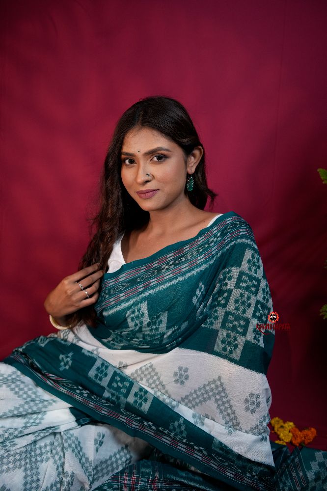 khanduapata Green & White Colour Body Design Cotton Saree For Women | Grocsy