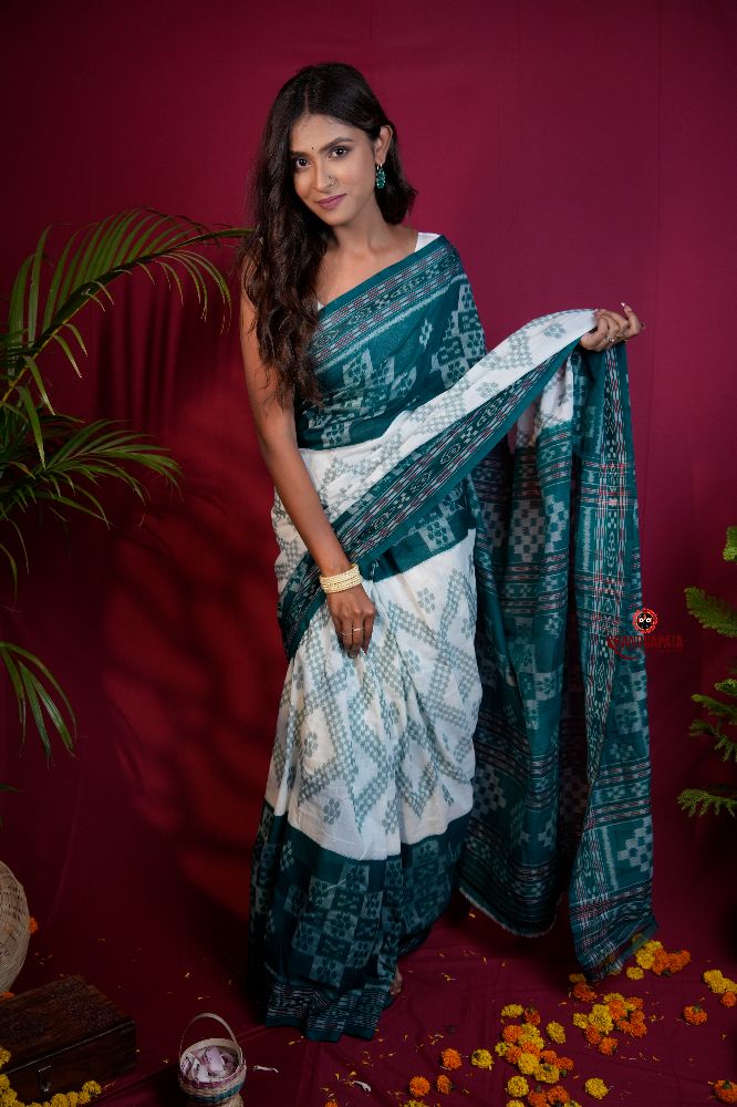khanduapata Green & White Colour Body Design Cotton Saree For Women | Grocsy
