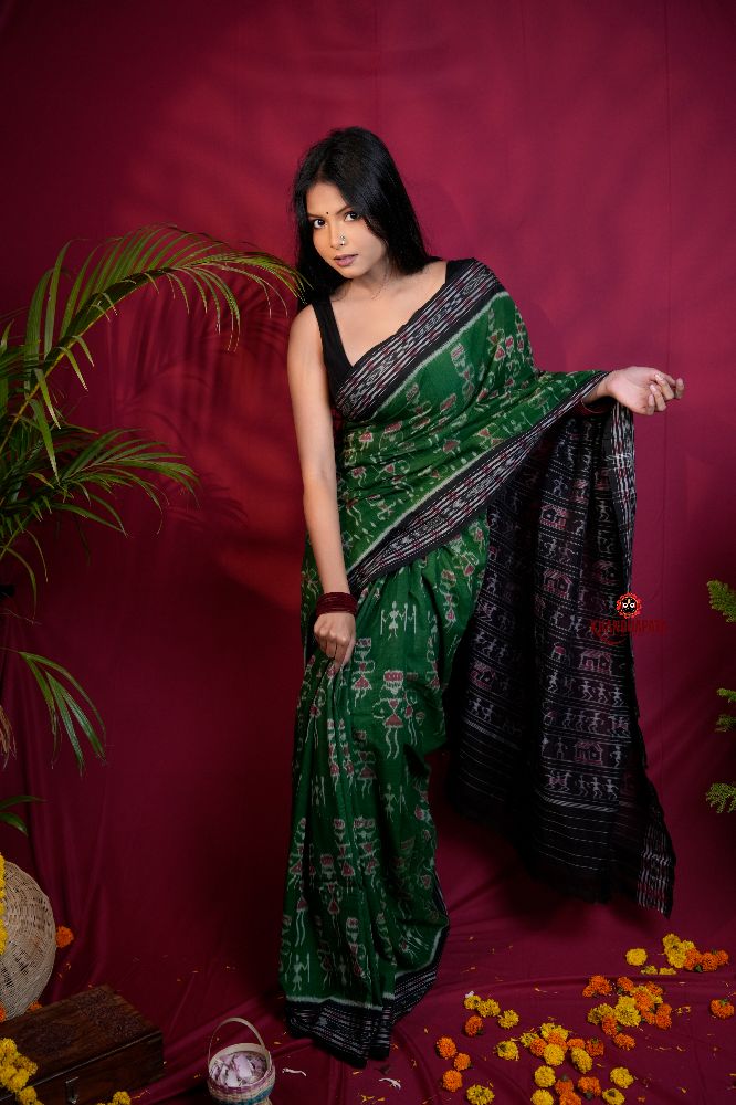 khanduapata Black & Green Colour Doll Design Cotton Saree For Women | Grocsy