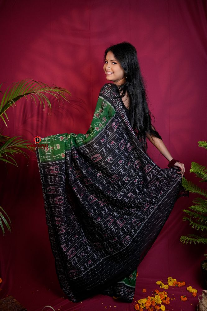 khanduapata Black & Green Colour Doll Design Cotton Saree For Women | Grocsy