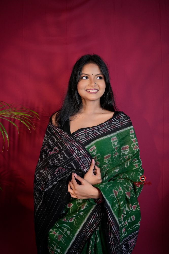 khanduapata Black & Green Colour Doll Design Cotton Saree For Women | Grocsy