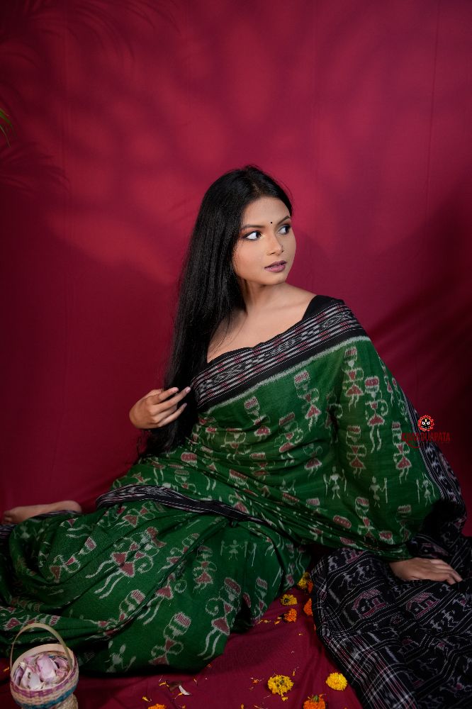 khanduapata Black & Green Colour Doll Design Cotton Saree For Women | Grocsy
