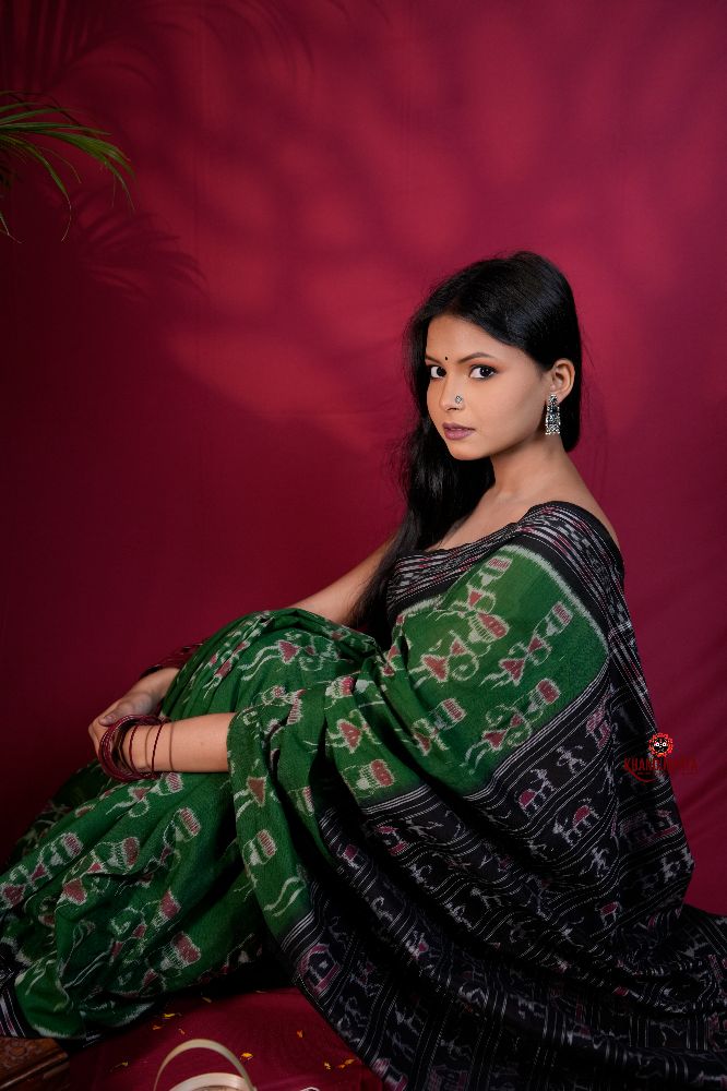 khanduapata Black & Green Colour Doll Design Cotton Saree For Women | Grocsy
