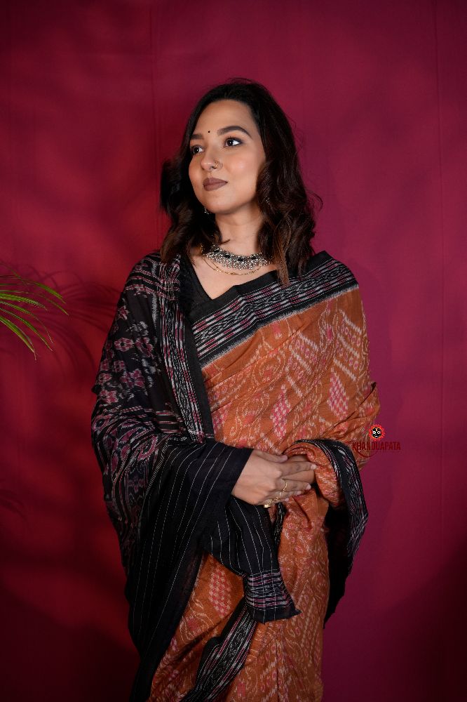 khanduapata Brown & Black Colour Body Design Cotton Saree For Women | Grocsy