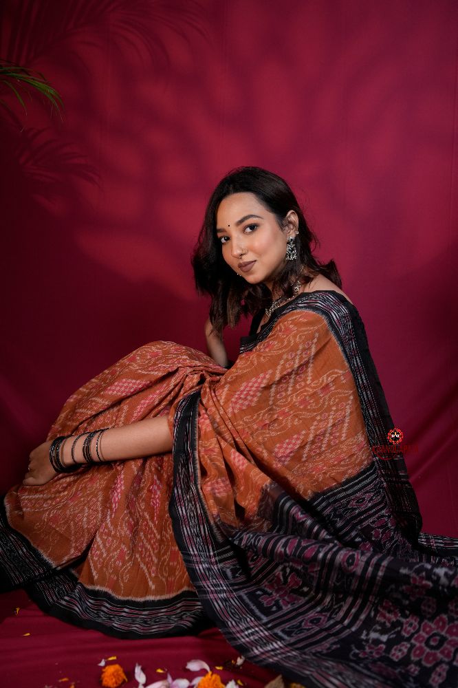 khanduapata Brown & Black Colour Body Design Cotton Saree For Women | Grocsy