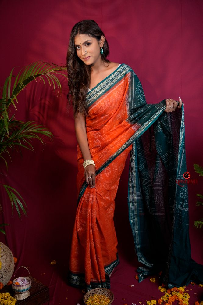 khanduapata Orange & Teal Colour Body Design Cotton Saree For Women | Grocsy