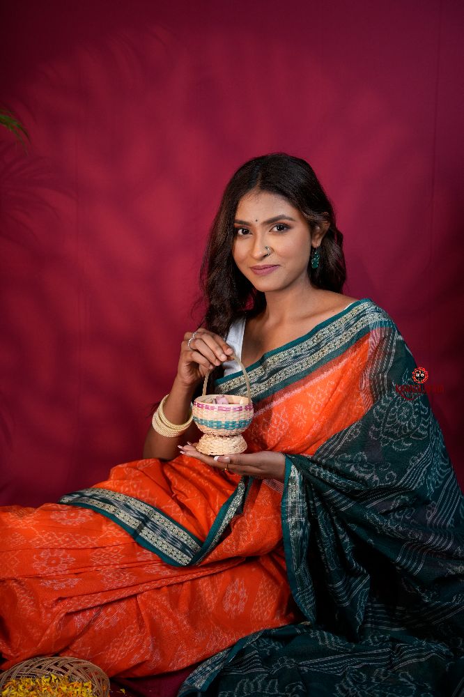khanduapata Orange & Teal Colour Body Design Cotton Saree For Women | Grocsy