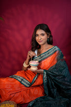 khanduapata Orange & Teal Colour Body Design Cotton Saree For Women | Grocsy