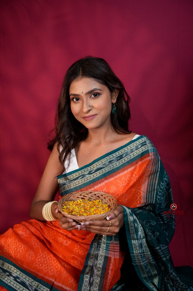 khanduapata Orange & Teal Colour Body Design Cotton Saree For Women | Grocsy