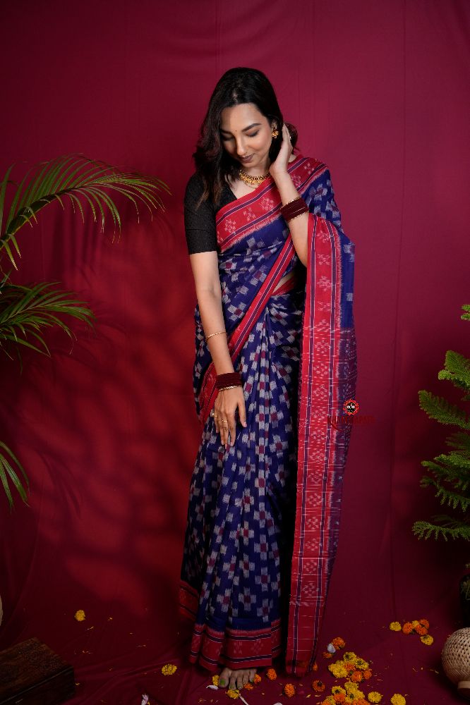 khanduapata Red & Blue Colour Pasapali Border Body Design Cotton Saree For Women | Grocsy
