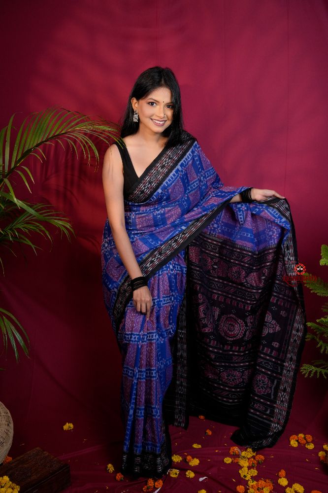 khanduapata Black & Blue Colour Body Design Cotton Saree For Women | Grocsy