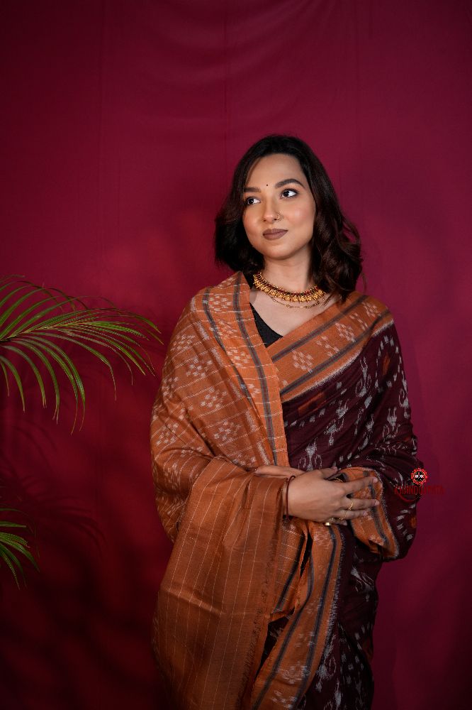 khanduapata Maroon & Orange Colour Pasapali Border Body Design Cotton Saree For Women | Grocsy