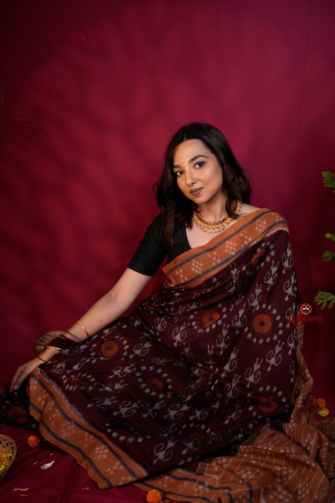 khanduapata Maroon & Orange Colour Pasapali Border Body Design Cotton Saree For Women | Grocsy