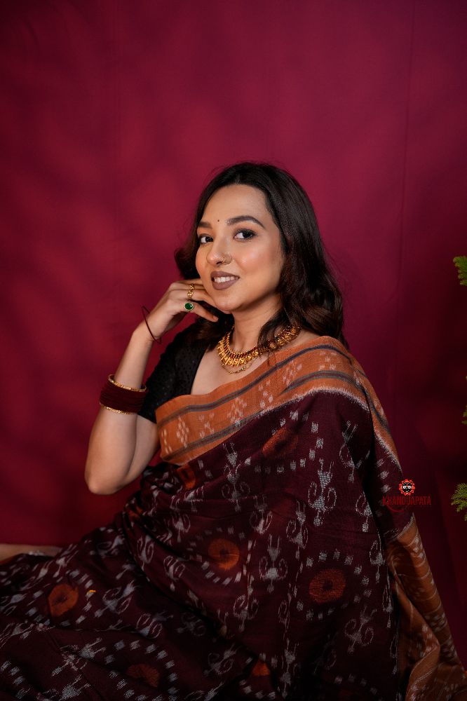 khanduapata Maroon & Orange Colour Pasapali Border Body Design Cotton Saree For Women | Grocsy