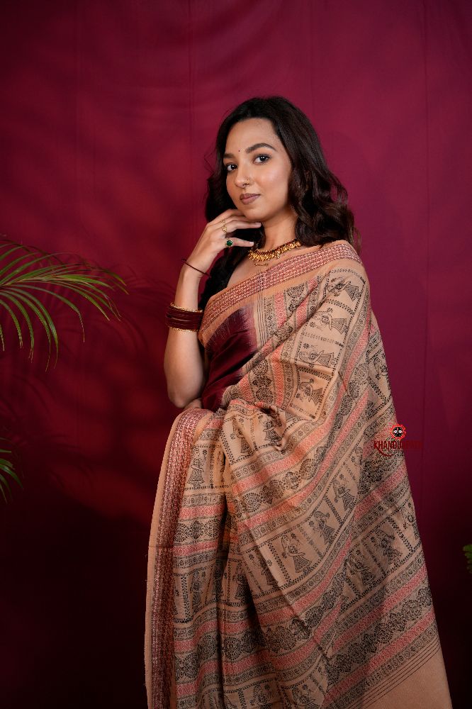 khanduapata Maroon & Beige Colour Doll Design Cotton Saree For Women | Grocsy