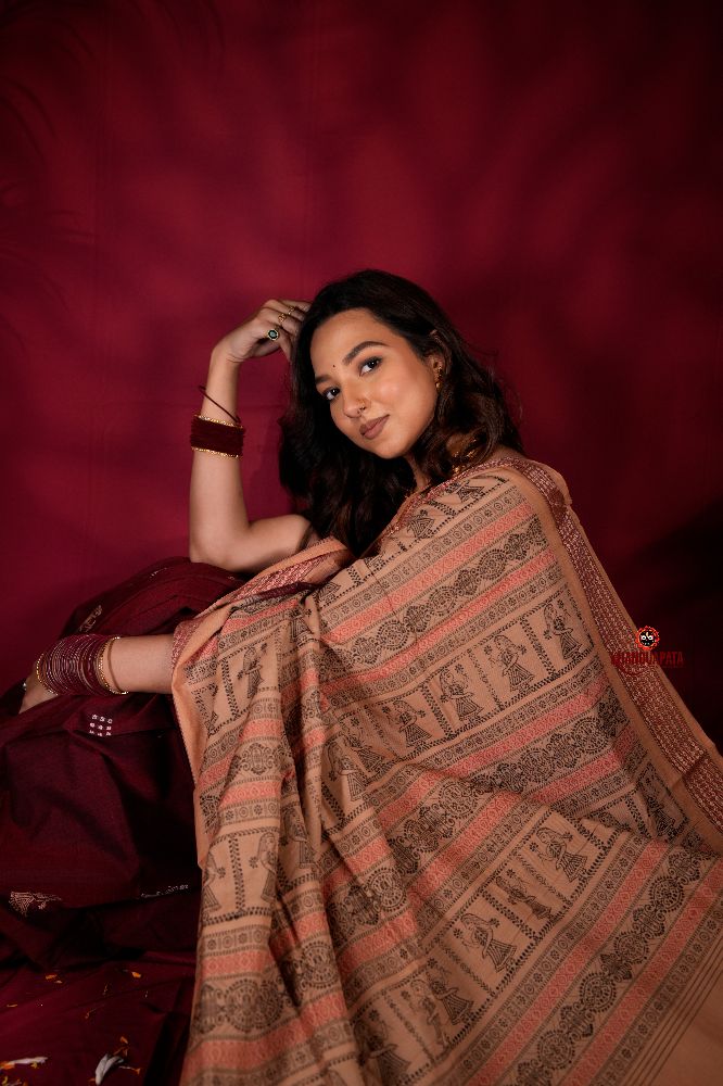 khanduapata Maroon & Beige Colour Doll Design Cotton Saree For Women | Grocsy