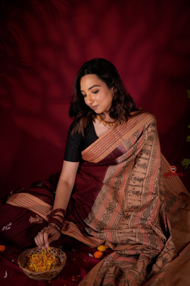 khanduapata Maroon & Beige Colour Doll Design Cotton Saree For Women | Grocsy