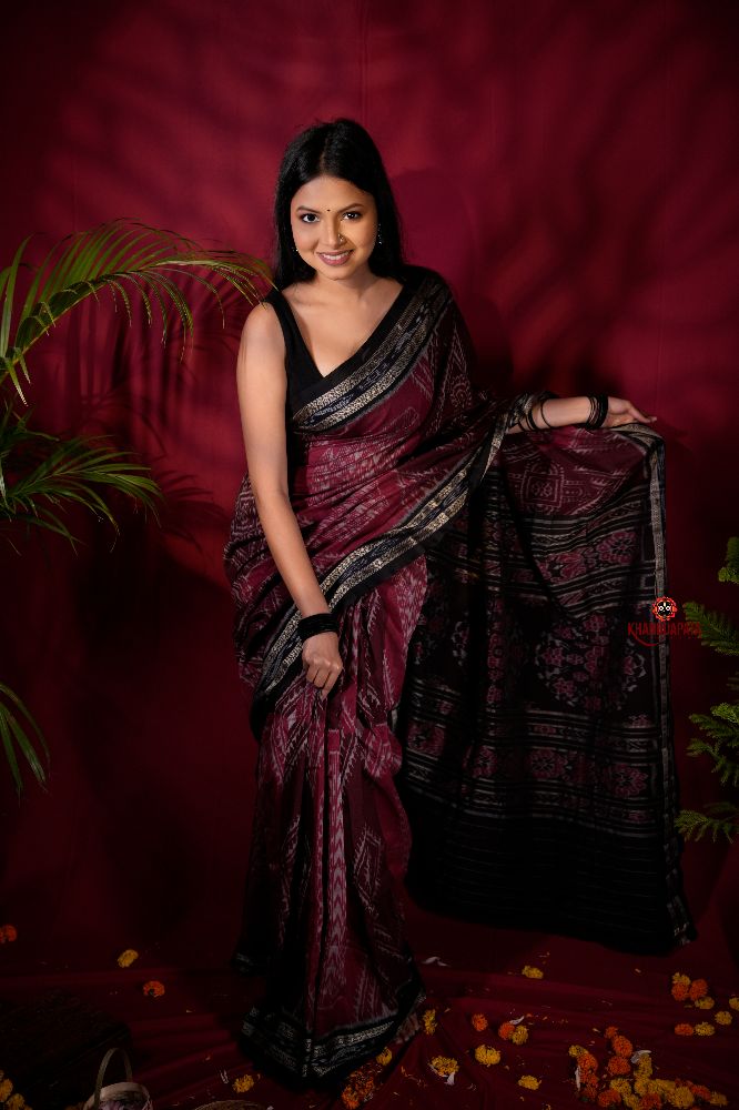 khanduapata Black & Red Colour Body Design Cotton Saree For Women | Grocsy