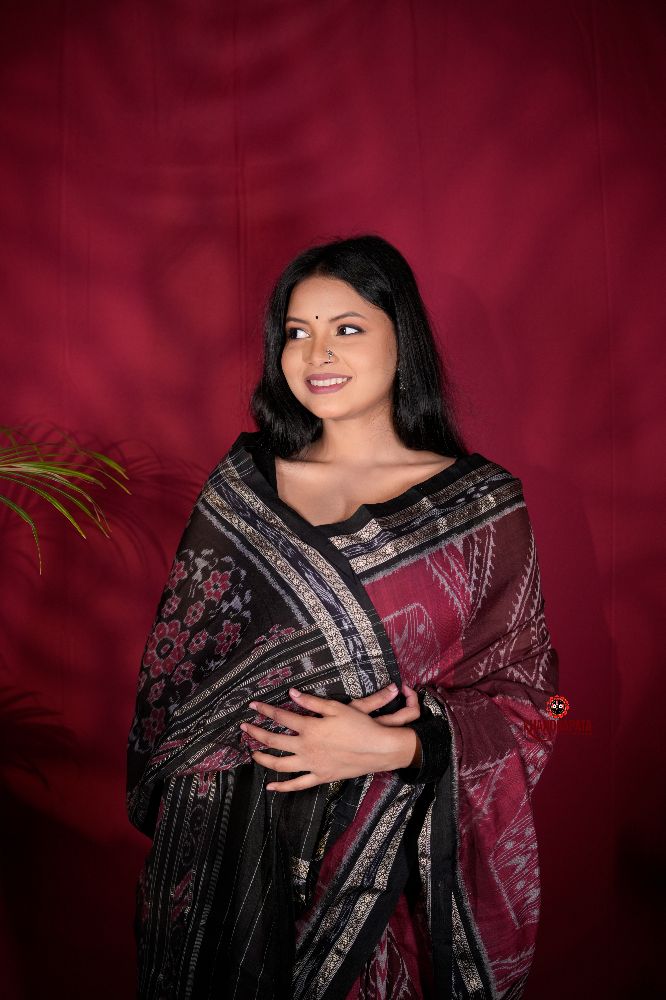 khanduapata Black & Red Colour Body Design Cotton Saree For Women | Grocsy