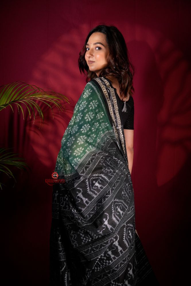 khanduapata Green & Black Colour Flower Design Cotton Saree For Women | Grocsy