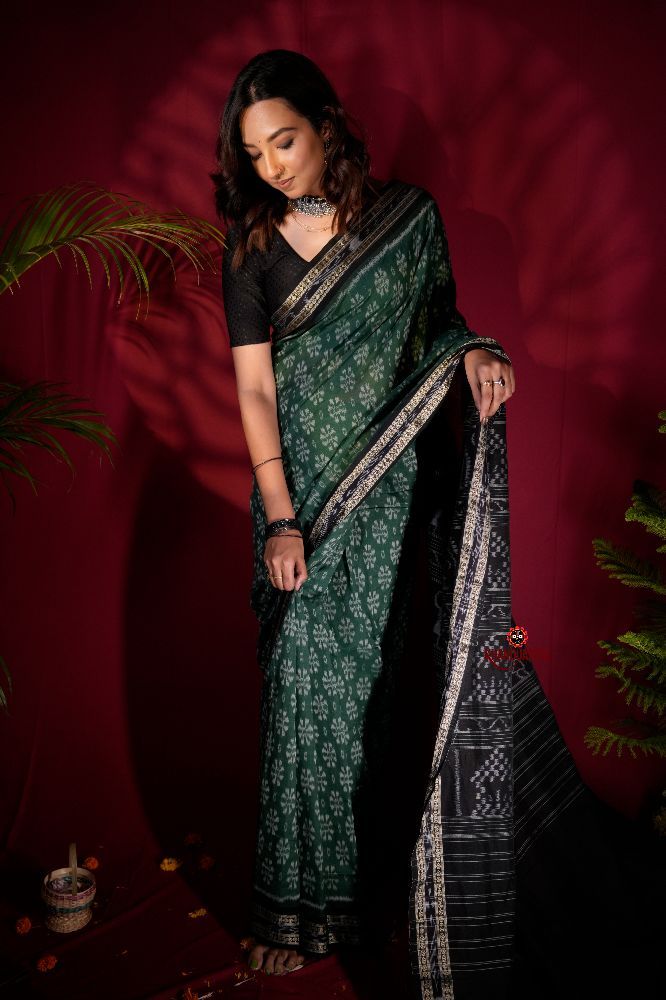khanduapata Green & Black Colour Flower Design Cotton Saree For Women | Grocsy