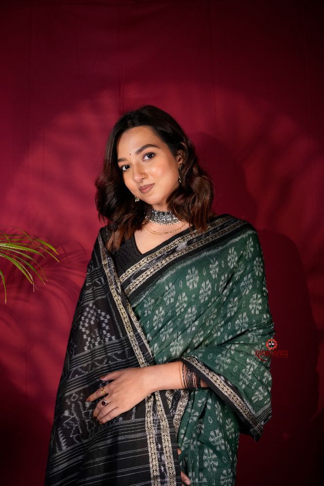 khanduapata Green & Black Colour Flower Design Cotton Saree For Women | Grocsy