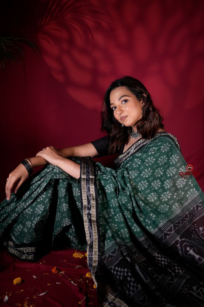 khanduapata Green & Black Colour Flower Design Cotton Saree For Women | Grocsy