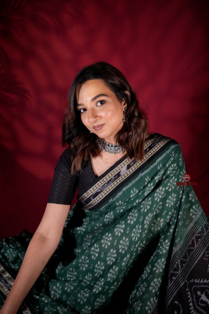 khanduapata Green & Black Colour Flower Design Cotton Saree For Women | Grocsy