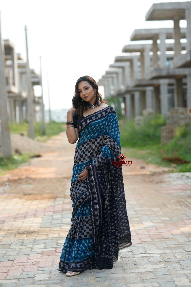 khanduapata Green & Black Colour Box Design Cotton Saree For Women | Grocsy