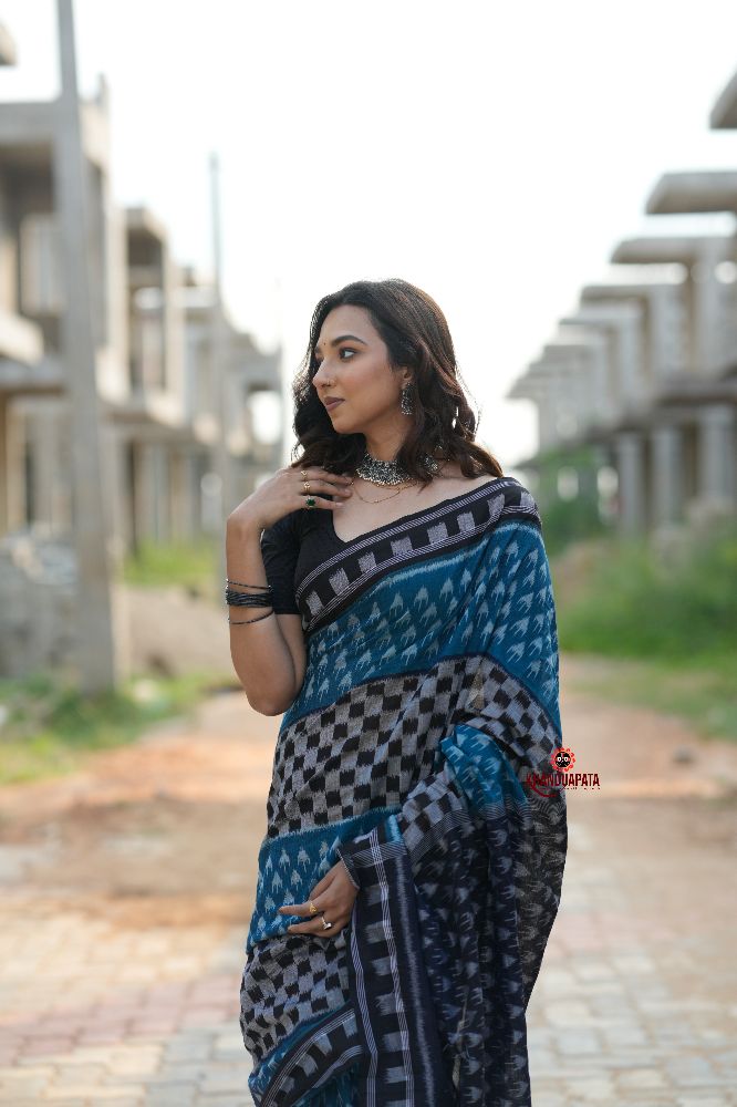 khanduapata Green & Black Colour Box Design Cotton Saree For Women | Grocsy