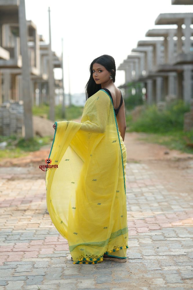 khanduapata Yellow and Green Leaf Pattern Cotton Saree For Women | Grocsy