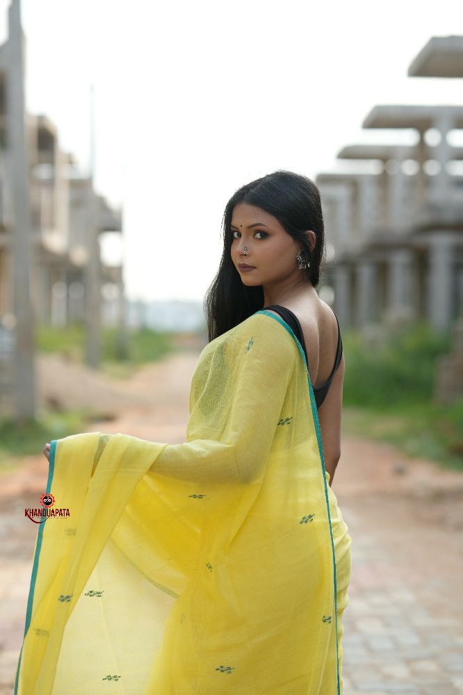 khanduapata Yellow and Green Leaf Pattern Cotton Saree For Women | Grocsy