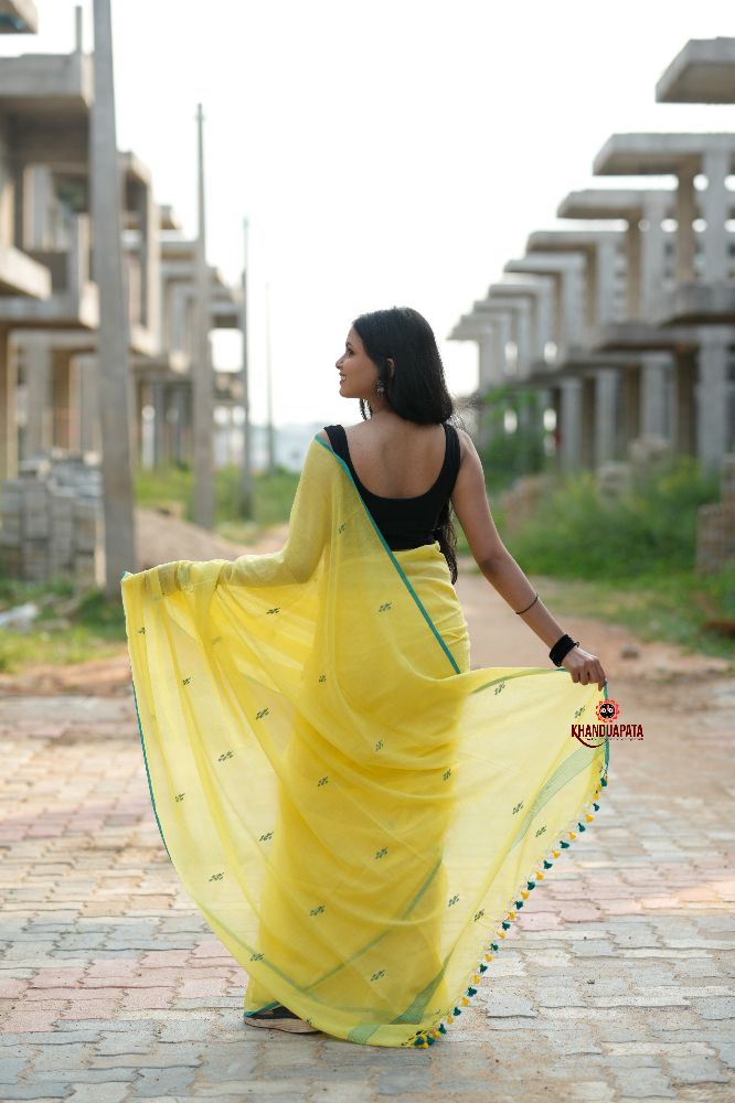 khanduapata Yellow and Green Leaf Pattern Cotton Saree For Women | Grocsy