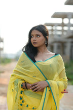 khanduapata Yellow and Green Leaf Pattern Cotton Saree For Women | Grocsy