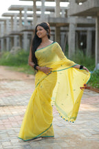 khanduapata Yellow and Green Leaf Pattern Cotton Saree For Women | Grocsy