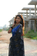 khanduapata Blue & Black Colour Doll Design Cotton Saree For Women | Grocsy