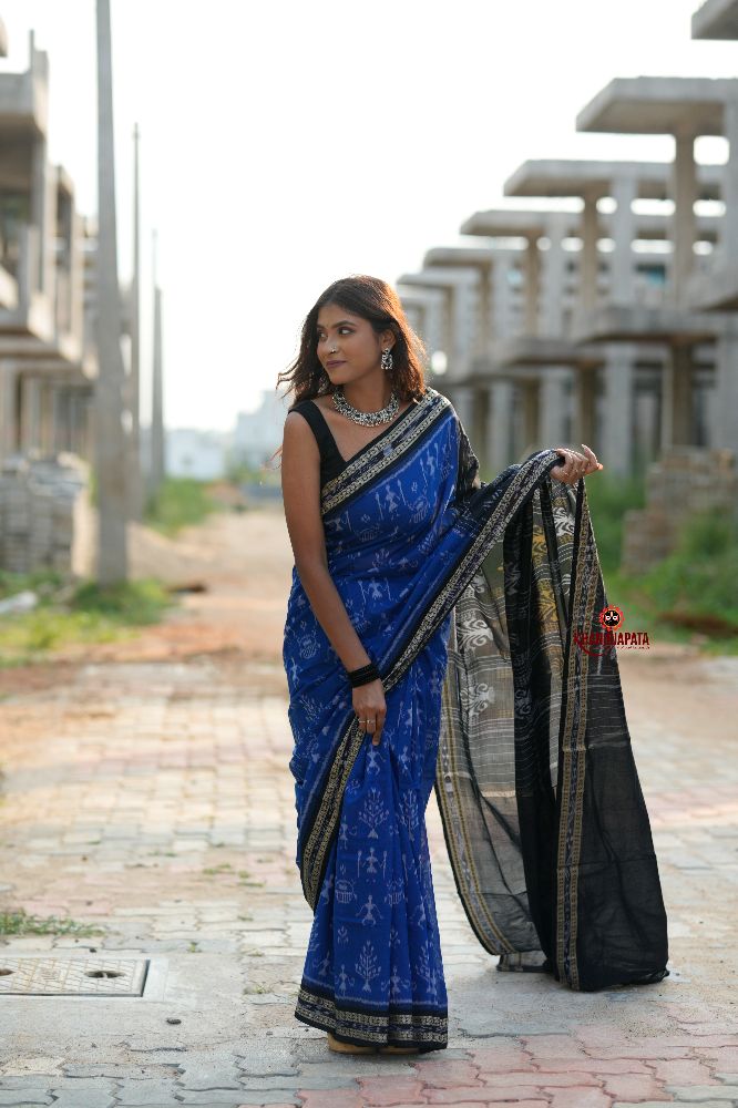 khanduapata Blue & Black Colour Doll Design Cotton Saree For Women | Grocsy