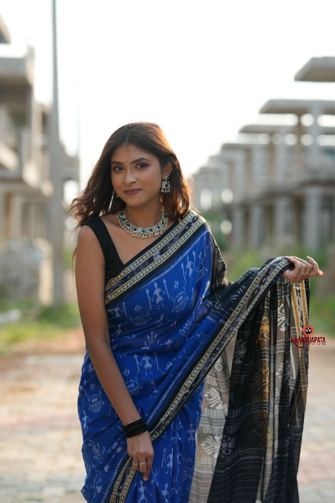 khanduapata Blue & Black Colour Doll Design Cotton Saree For Women | Grocsy