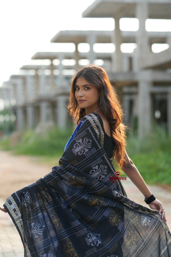 khanduapata Blue & Black Colour Doll Design Cotton Saree For Women | Grocsy