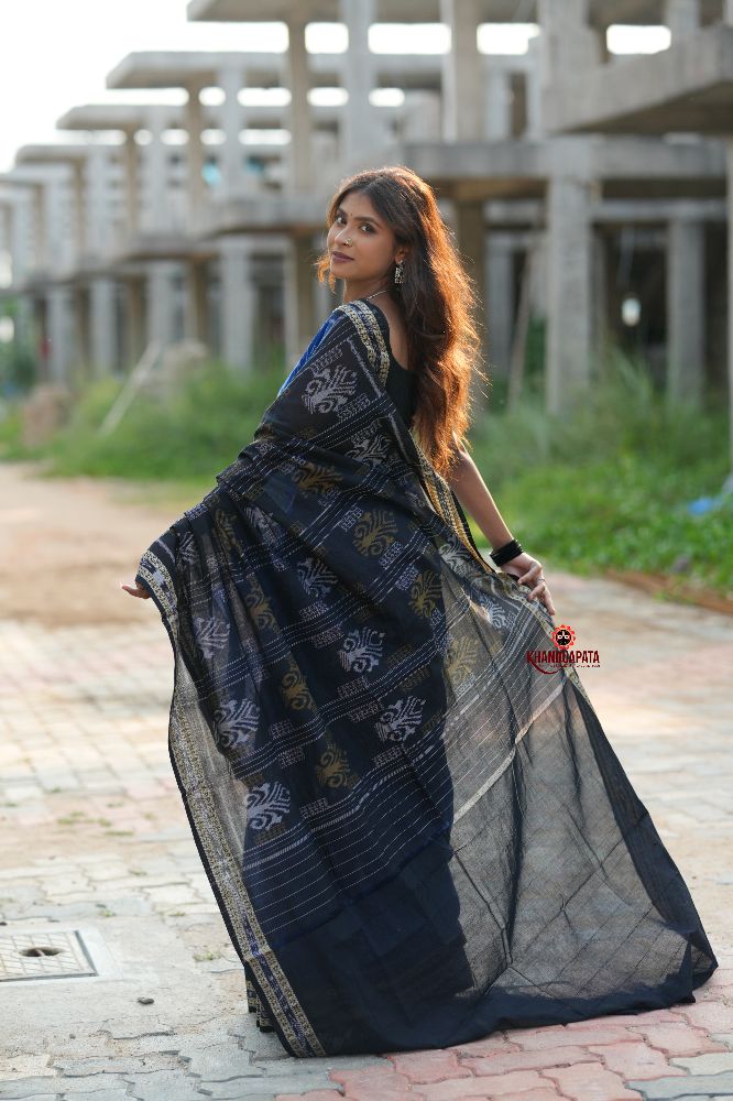 khanduapata Blue & Black Colour Doll Design Cotton Saree For Women | Grocsy
