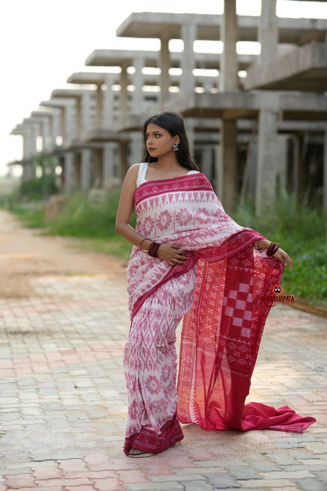 khanduapata Red & White Border Pasapali Design Cotton Saree For Women | Grocsy