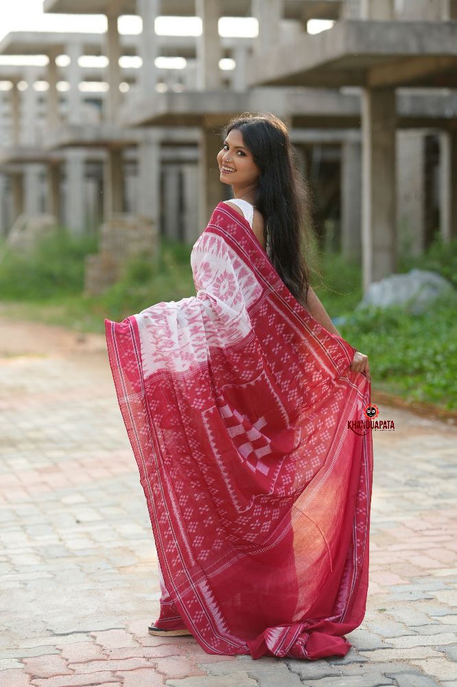 khanduapata Red & White Border Pasapali Design Cotton Saree For Women | Grocsy