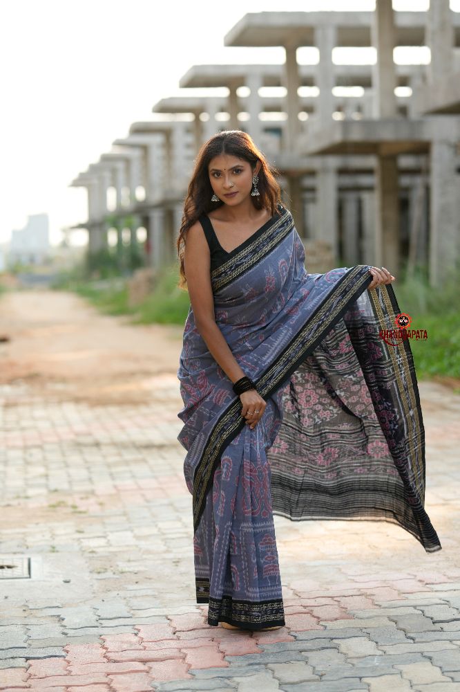 khanduapata Black & Grey Body Design Cotton Saree For Women | Grocsy