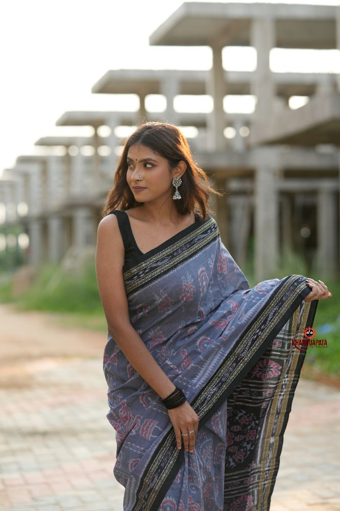 khanduapata Black & Grey Body Design Cotton Saree For Women | Grocsy